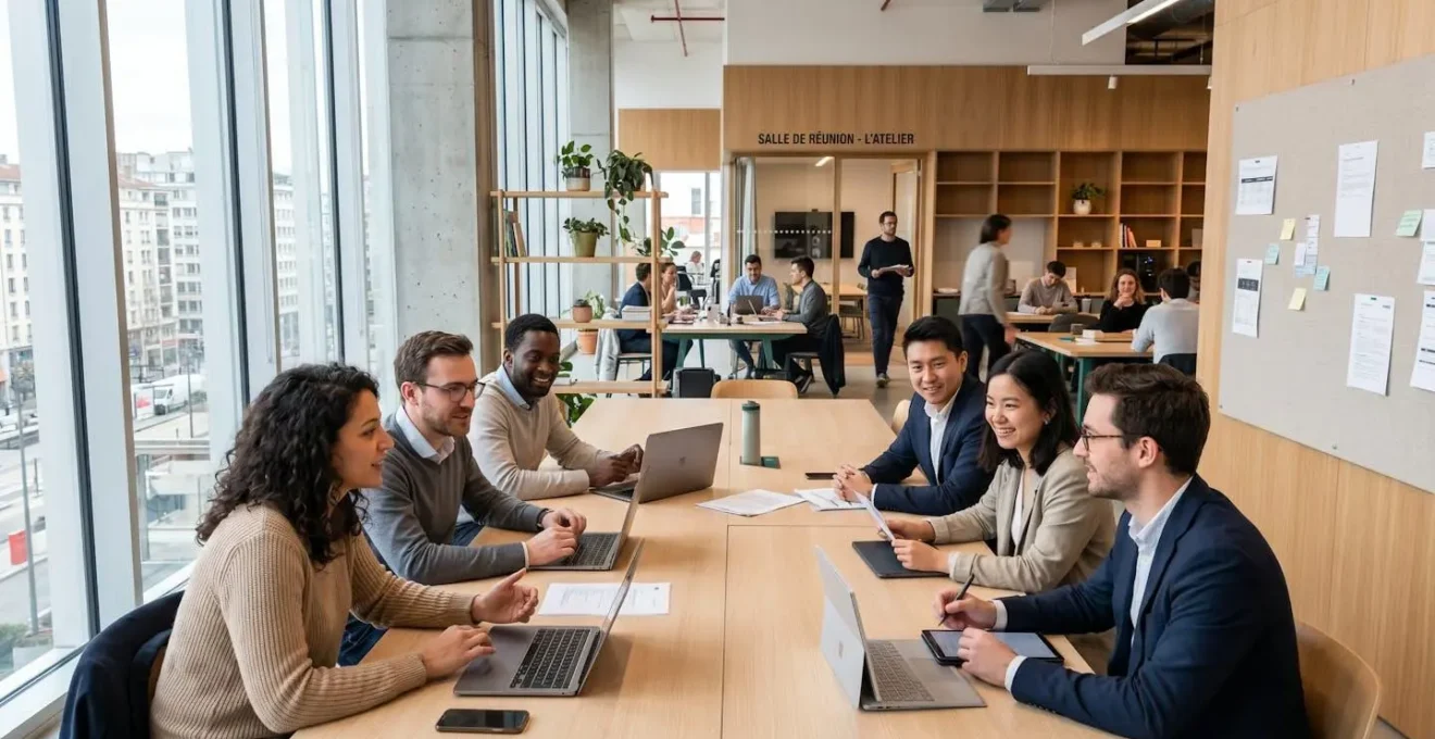 Un groupe de jeunes professionnels dans la trentaine discute autour d'une table dans un espace de coworking moderne et lumineux
