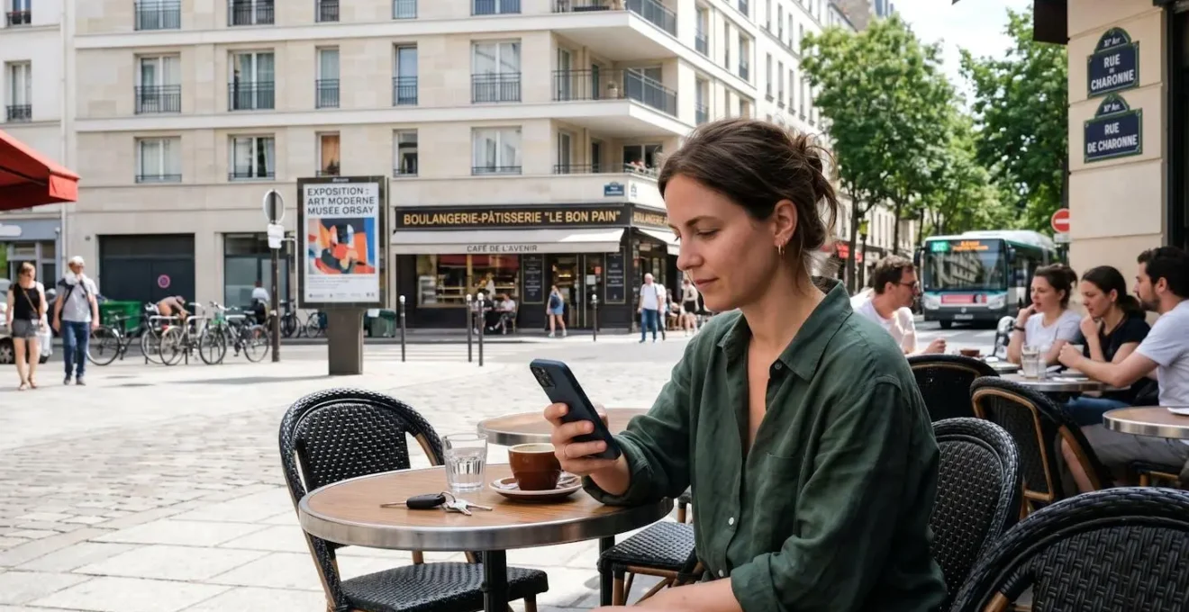 Une jeune femme consulte son smartphone sur la terrasse ensoleillée d'un café urbain, lumière naturelle du matin