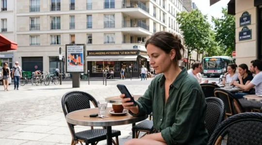 Une jeune femme consulte son smartphone sur la terrasse ensoleillée d'un café urbain, lumière naturelle du matin