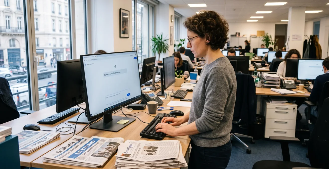 Une journaliste utilise un assistant conversationnel par IA sur l'écran de son ordinateur dans une salle de rédaction, avec des journaux imprimés posés à côté du clavier.