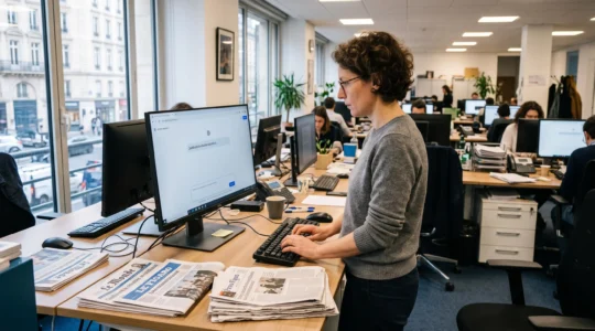 Une journaliste utilise un assistant conversationnel par IA sur l'écran de son ordinateur dans une salle de rédaction, avec des journaux imprimés posés à côté du clavier.