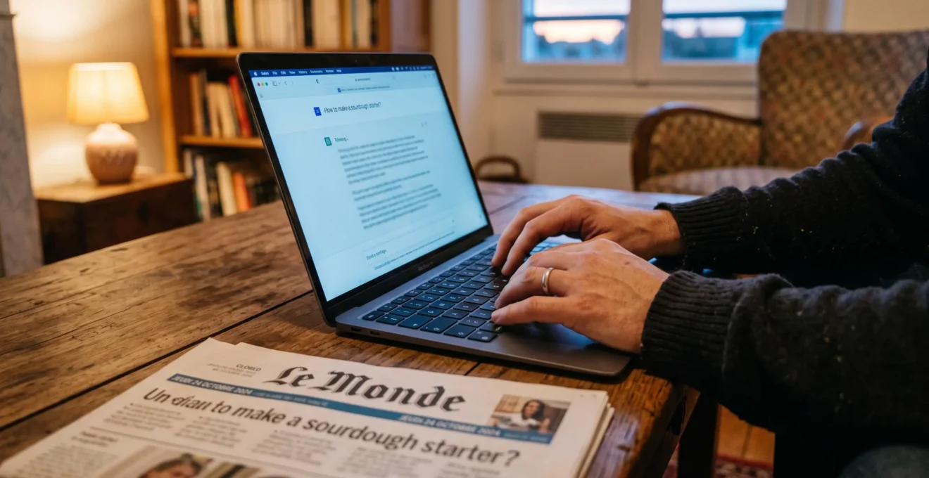Gros plan sur des mains tapant une question sur un ordinateur portable affichant une interface de conversation avec une IA, un journal imprimé fermé posé sur la table du salon.